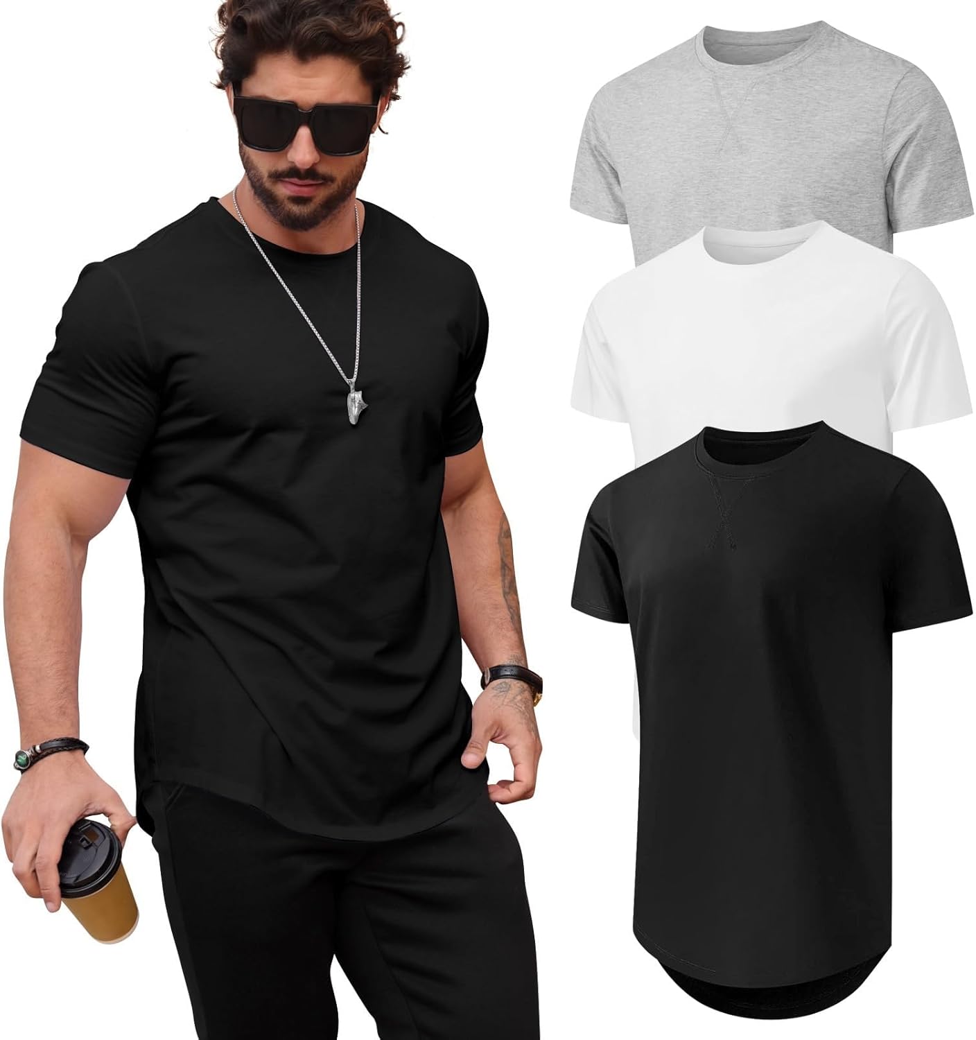 Mens T Shirts Casual Hipster Hip Hop Longline Crewneck Tee Shirts 3-black/White/...