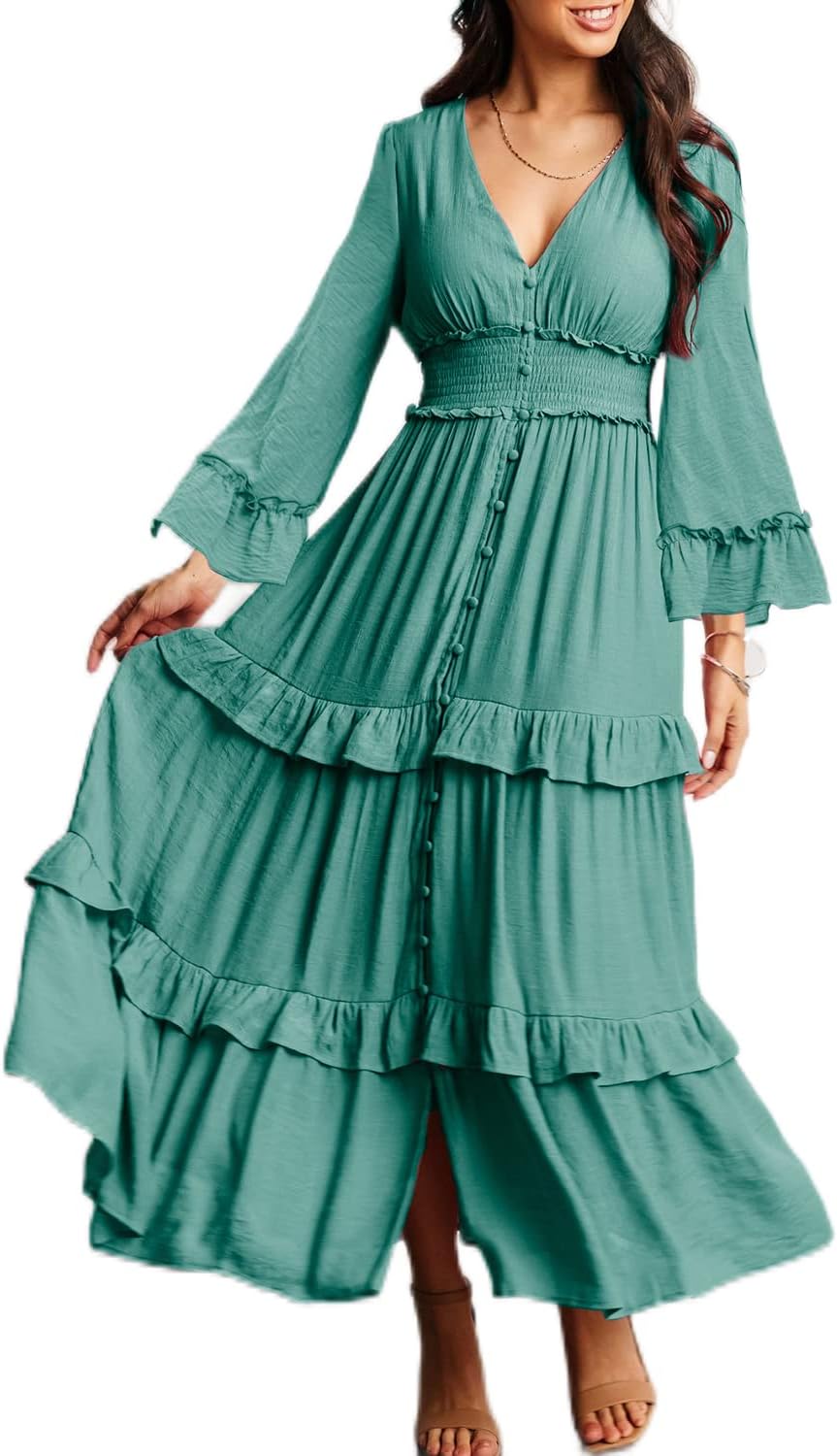 Amegoya Women's V Neck Long Sleeve Boho Maxi Dress Summer Wedding Guest Long Flo...