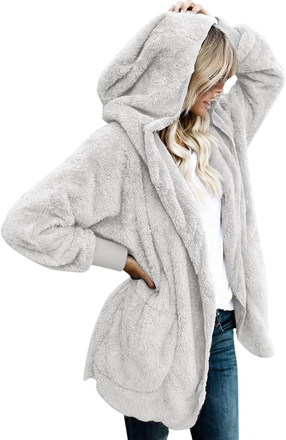 CHICGAL Womens Fuzzy Jacket Hooded Cardigan Open Front Sherpa Coat Outwear with...