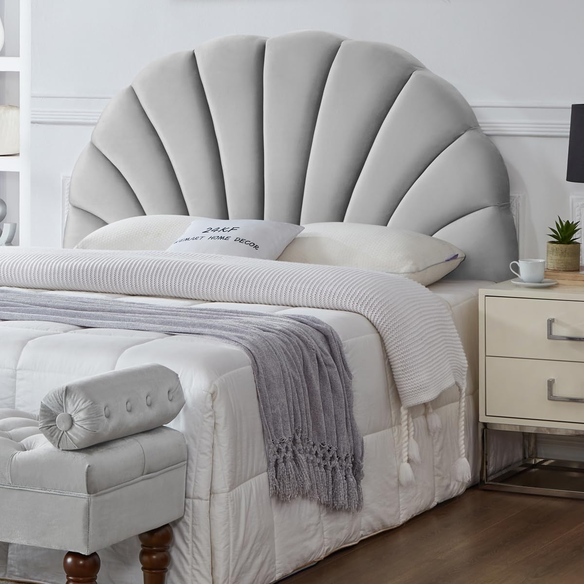 24KF Stunning Crown Design Queen Headboard, Upholstered Soft Velvet Petal Patter...