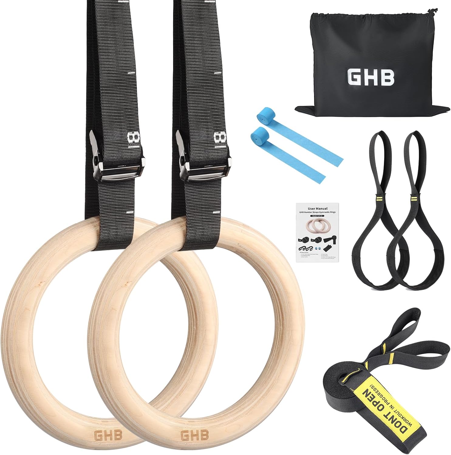 GHB Gymnastic Rings Wooden Gym Rings 1.25'' Training RingsAdjustable Numbered St...