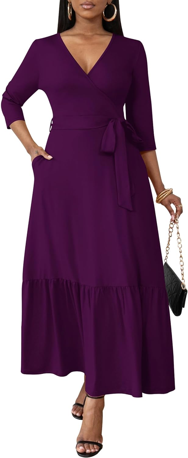 FANDEE Long Flowy Dresses for Women Summer V Neck Maxi Dress with Pockets, 3 4 S...