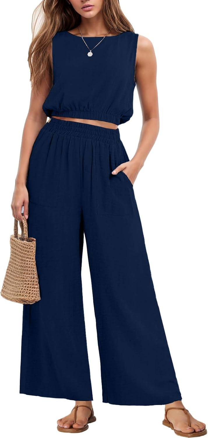 GRECERELLE Two Piece Sets for Women Sleeveless Crop Top Wide Leg Pants Sweat Set...