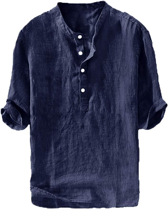Ryannology Mens Linen Shirts Henley 3/4 Sleeve Casual Cotton T-Shirt Regular-Fit...