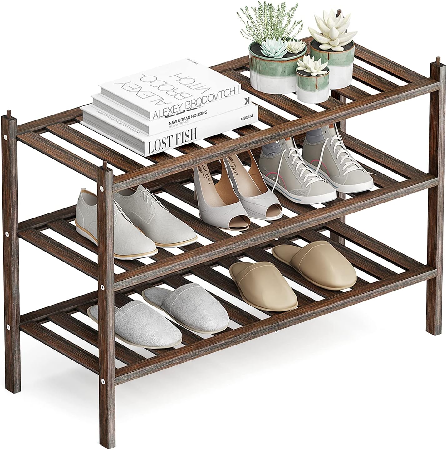 Shoe Rack, 3-Tier Bamboo Stackable Shoe Shelf Storage Organizer, Shoe Stand for...
