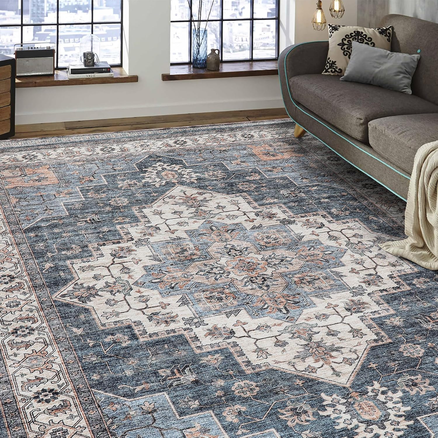 Vintage Area Rug, 8x10 Washable Rugs for Living Room Bedroom Indoor Throw Rug, D...