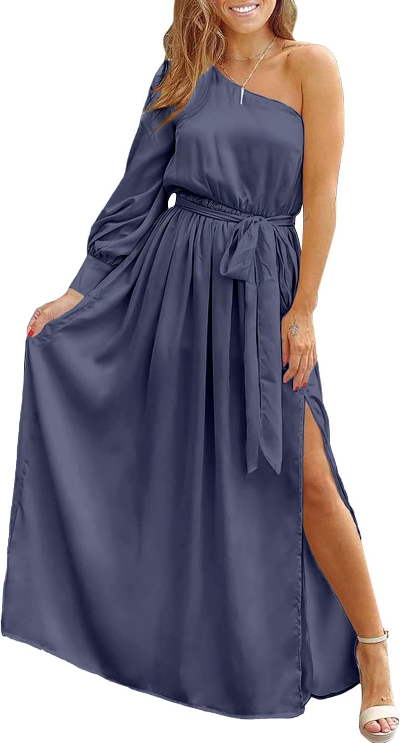 KIRUNDO Women's Dress, Special Satin Long Sleeve One Shoulder Maxi Dress, Innova...
