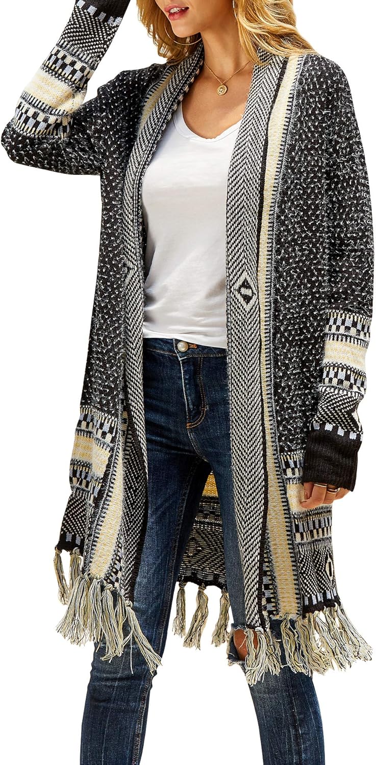 FERBIA Women Boho Cardigan Sweater Long Open Front Maxi Knit Sweaters Aztec Trib...