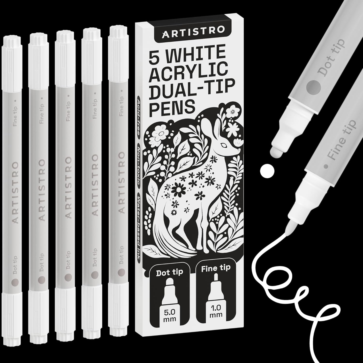 ARTISTRO 5 White Acrylic Paint Pens, Art Set Acrylic Paint Markers Dual Tip (Fin...