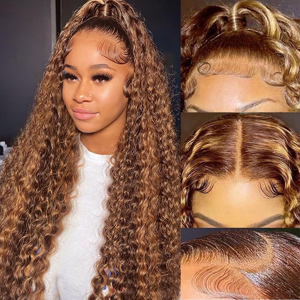 Ombre Highlight Deep Wave Lace Front Wigs Human Hair P4/27 13x6 Curly Frontal Wi...