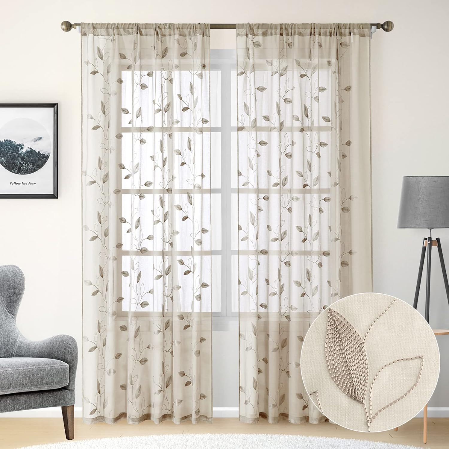 HOMEIDEAS Taupe Sheer Curtains, Special Faux Linen Floral Curtains, Innovative a...