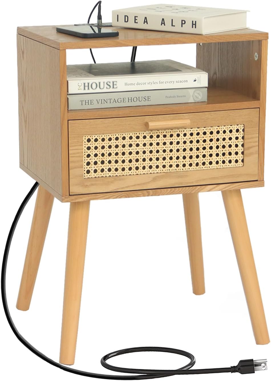 MaxSmeo Mid Century Modern Nightstand with Charging Station, Bedside Tables with...