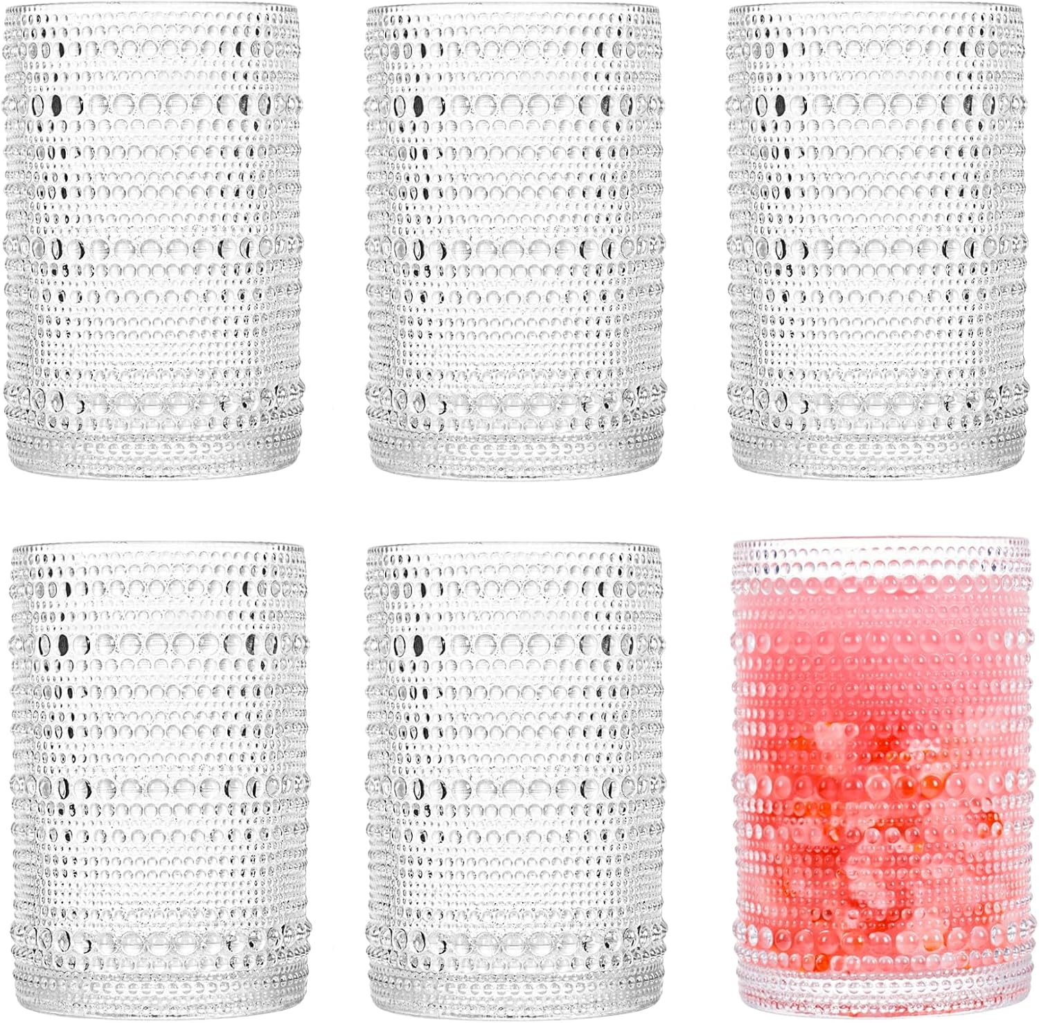 Consou Large Glasses Set of 6, 15 oz Hobnail Glassware Thick Glass Heavy Base Ho...