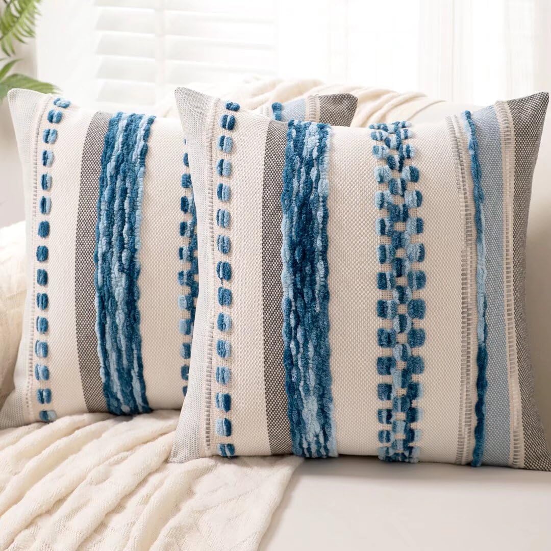 Boho Throw Pillow Covers 18x18 Set of 2 Farmhouse Decorative Cushion Case Stripe...
