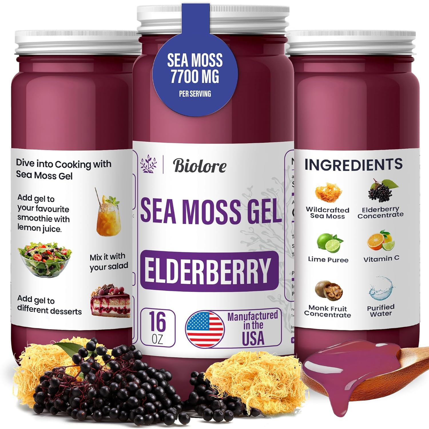 Biolore Sea Moss Gel 7700mg Elderberry 750mg Made in USA Raw Wildcrafted Irish S...