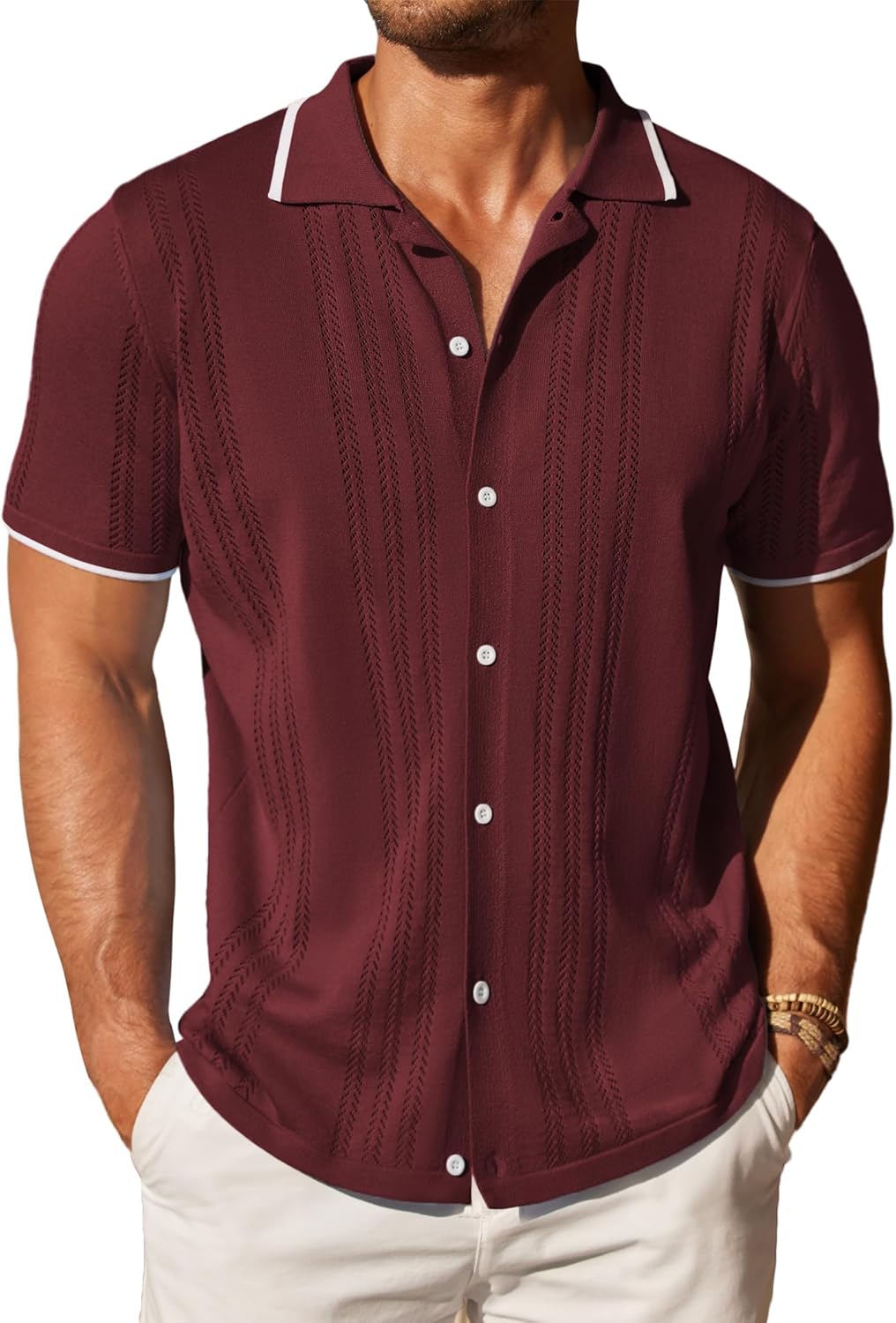 COOFANDY Men's Knit Button Down Shirt, Special Vintage Short Sleeve Polo Shirts,...