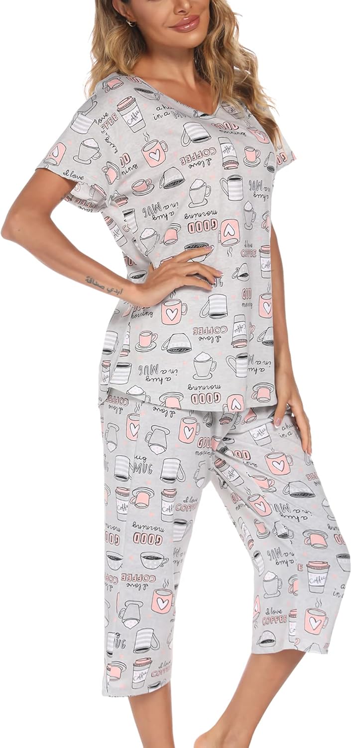 ENJOYNIGHT Womens Pajama Sets Cotton Pj Set Short Sleeve Top With Capri Pants Sl...
