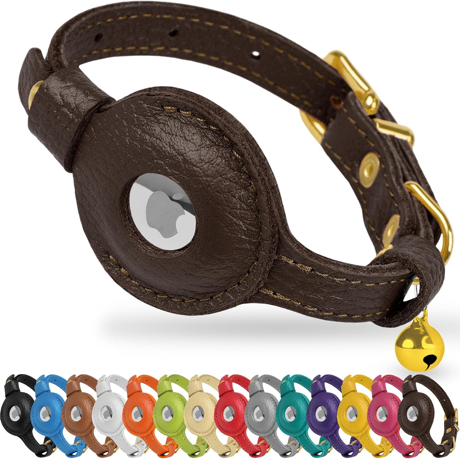 OOPSDOGGY Cat Collar with Bell for AirTag - Non Breakaway Leather Kitten Collar...