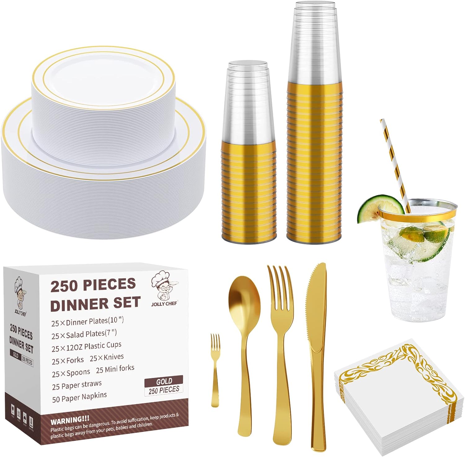 250 Count Gold Disposable Plastic Dinnerware Set, 50 Gold Plastic Plates, 25 Pla...