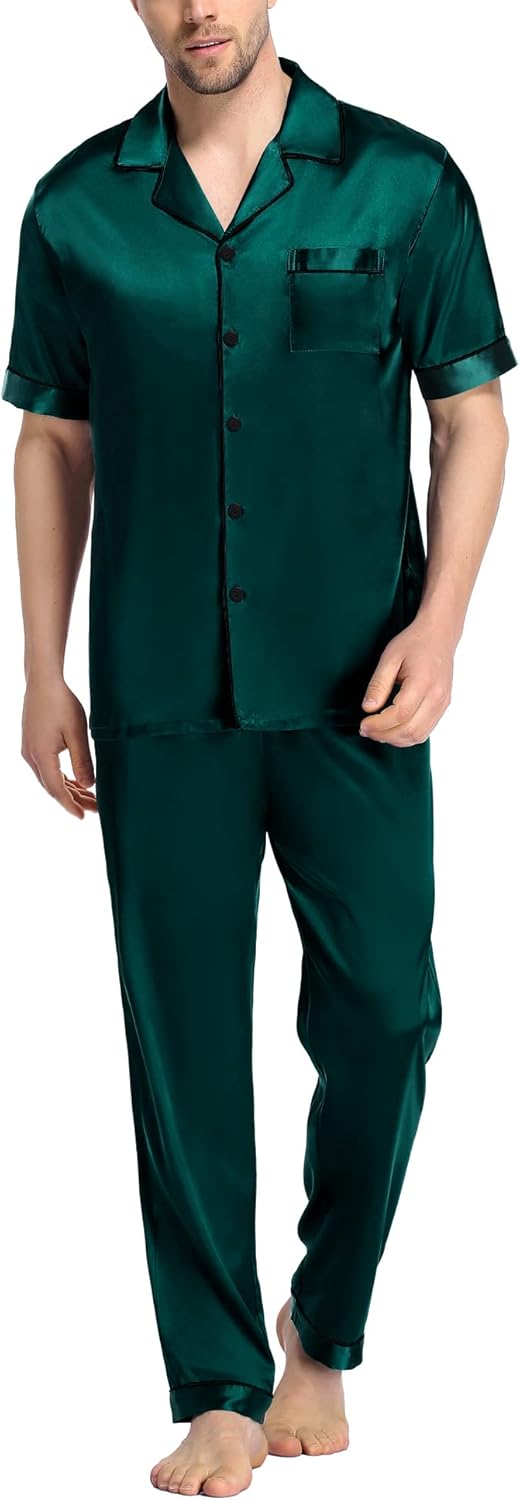 SWOMOG Mens Satin Pajama Set, Special Silky Sleepwear with Short Sleeve, Classic...