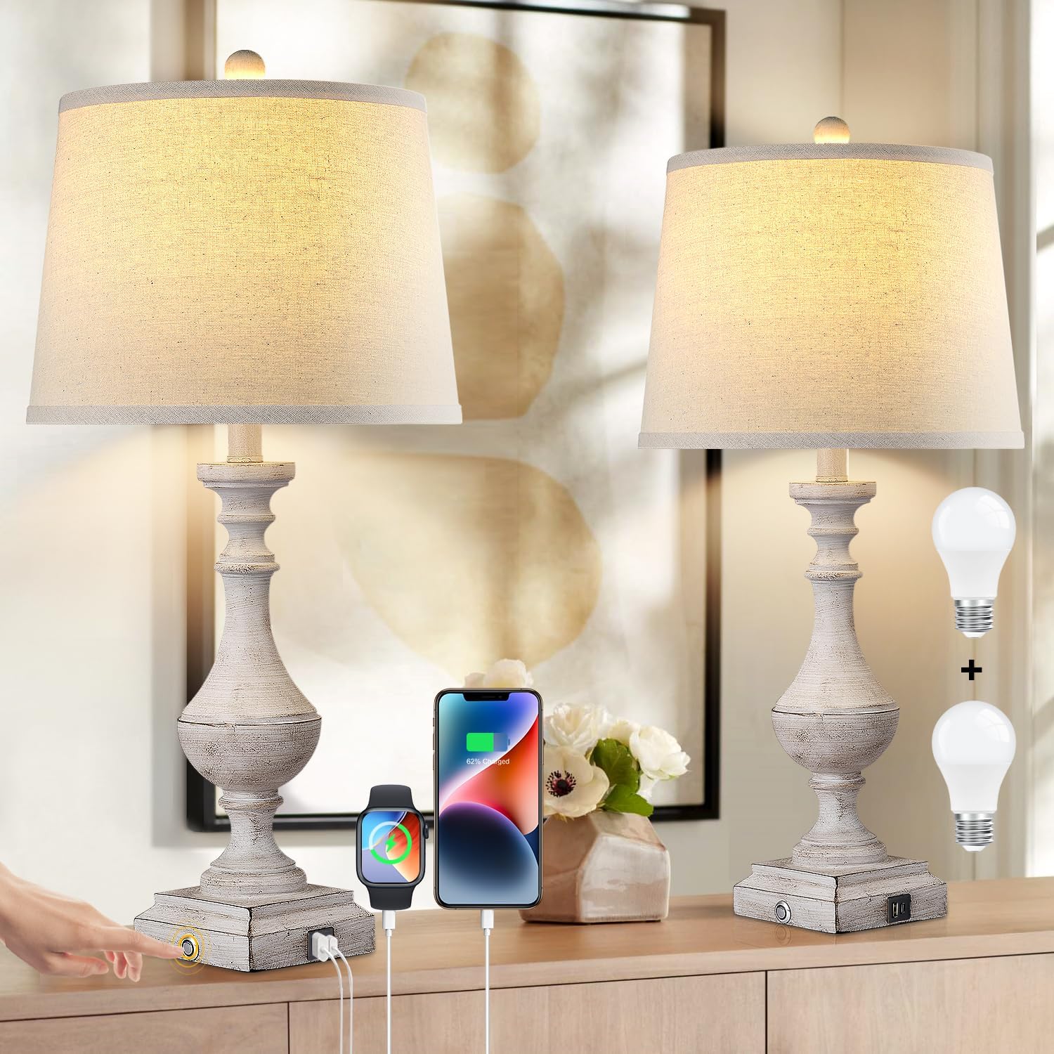 AKASUKI 27.5 Inch Farmhouse Table Lamps for Living Room Set of 2 with USB and Ty...