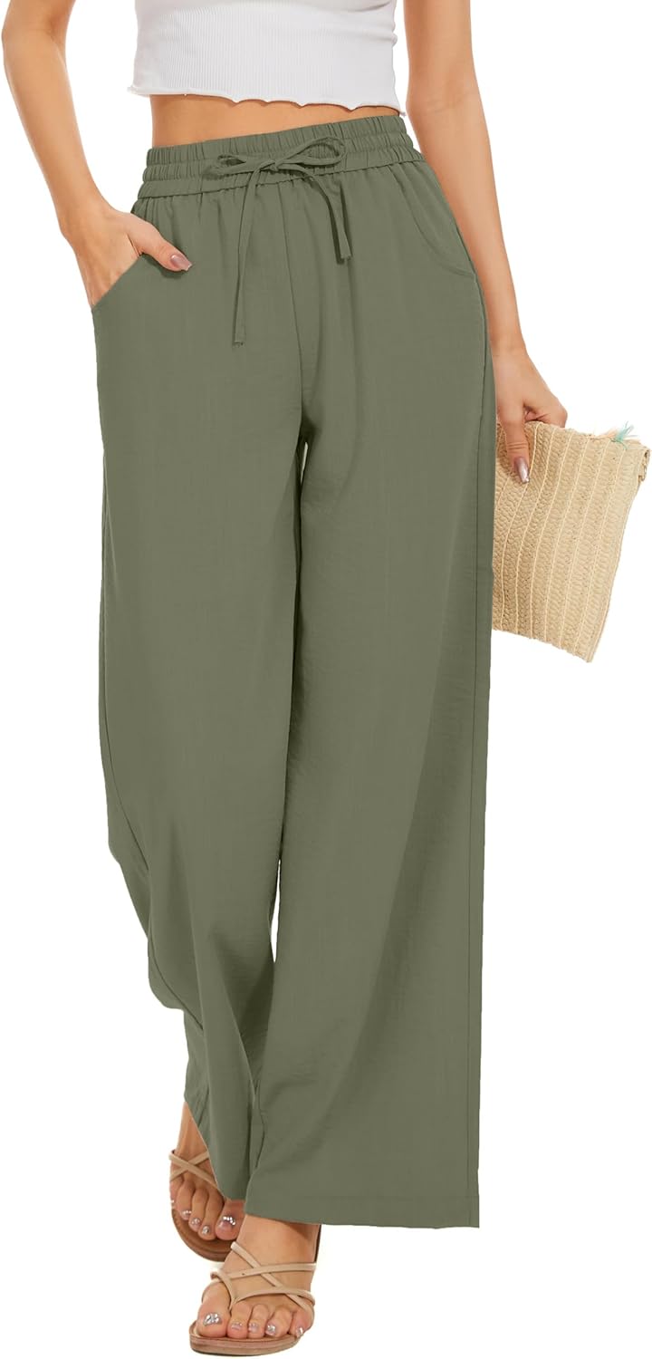 Women Summer Pants Flowy Pants Drawstring Waist Wide Leg Palazzo Beach Pants Loo...