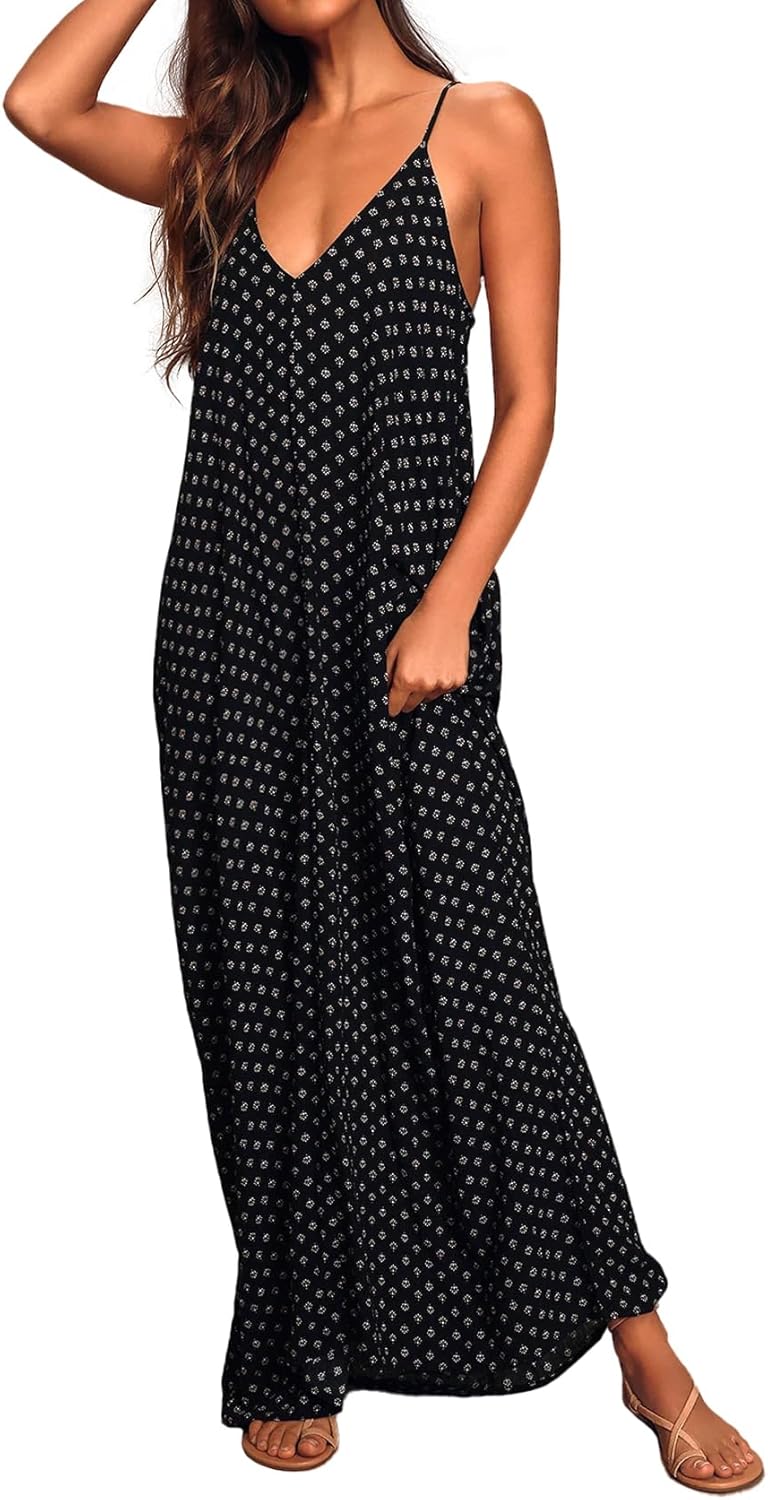 Poetsky Womens Casual Strappy V Neck Sleeveless Flowy Pockets Loose Long Maxi Be...