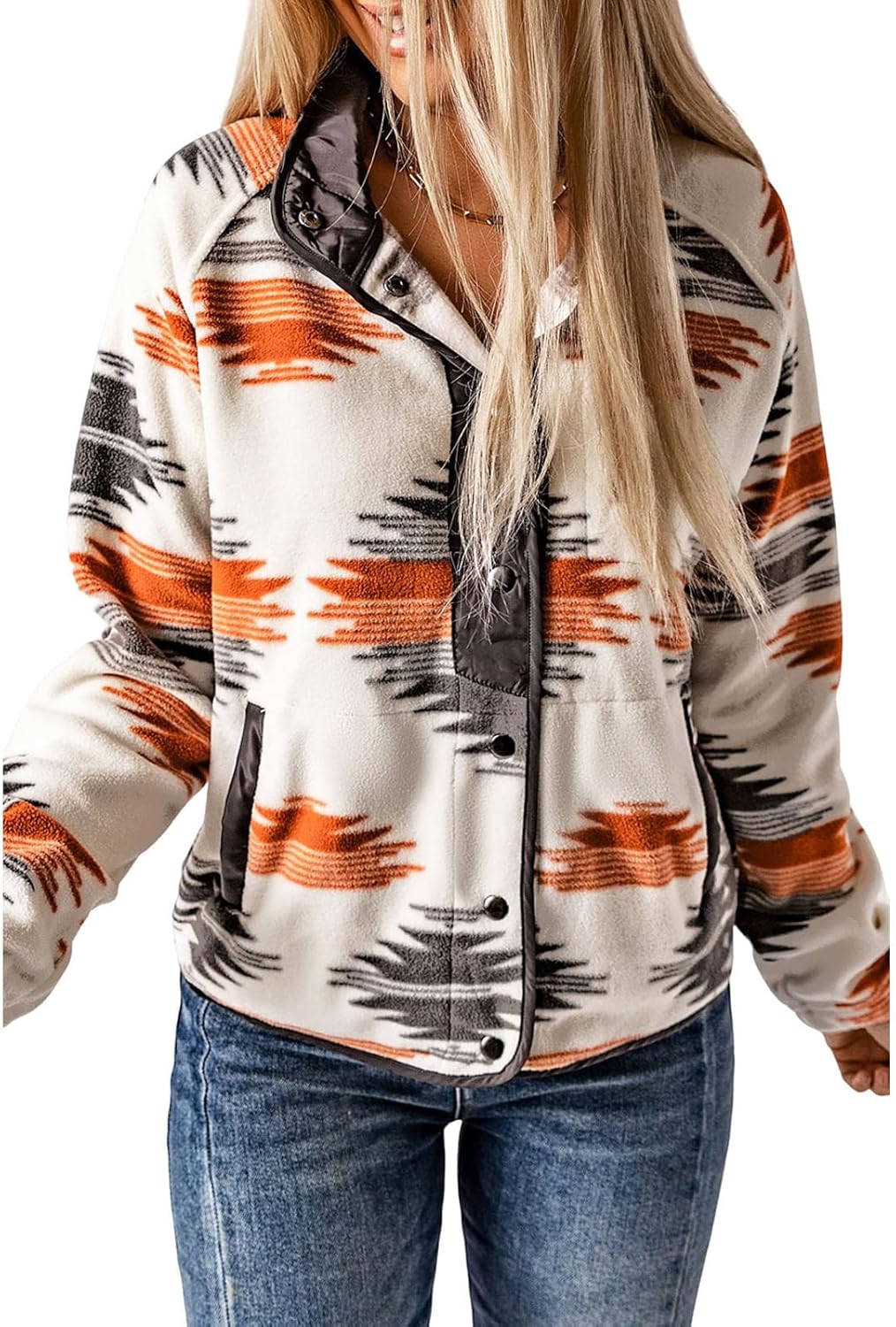 SELINK Womens Fleece Jacket Western Aztec Print Long Sleeve Snap Button Down Sha...