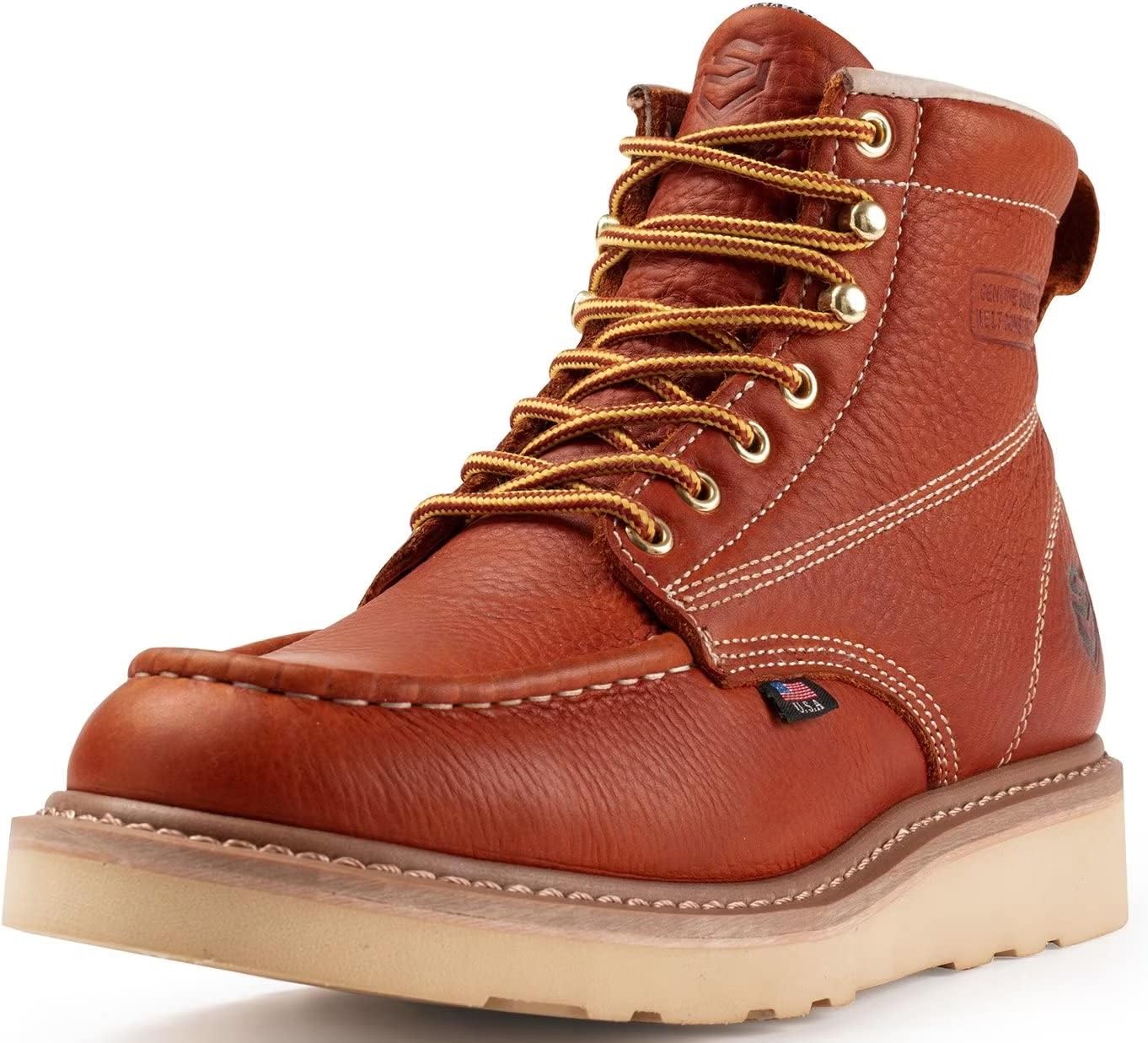 SUREWAY 6” Wedge Moc Toe Work Boots for Men - Soft Toe, Premium Full-Grain Leath...
