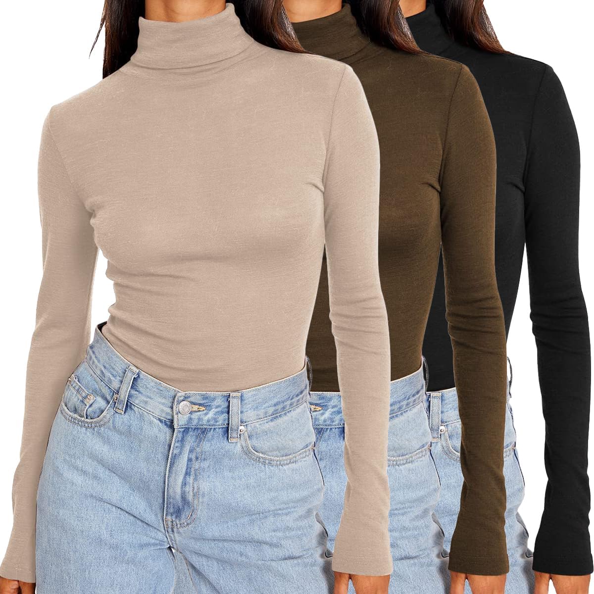 SUNBS Womens 3 Piece Turtleneck Long Sleeve Shirts Mock Neck Fall Fashion 2024 S...