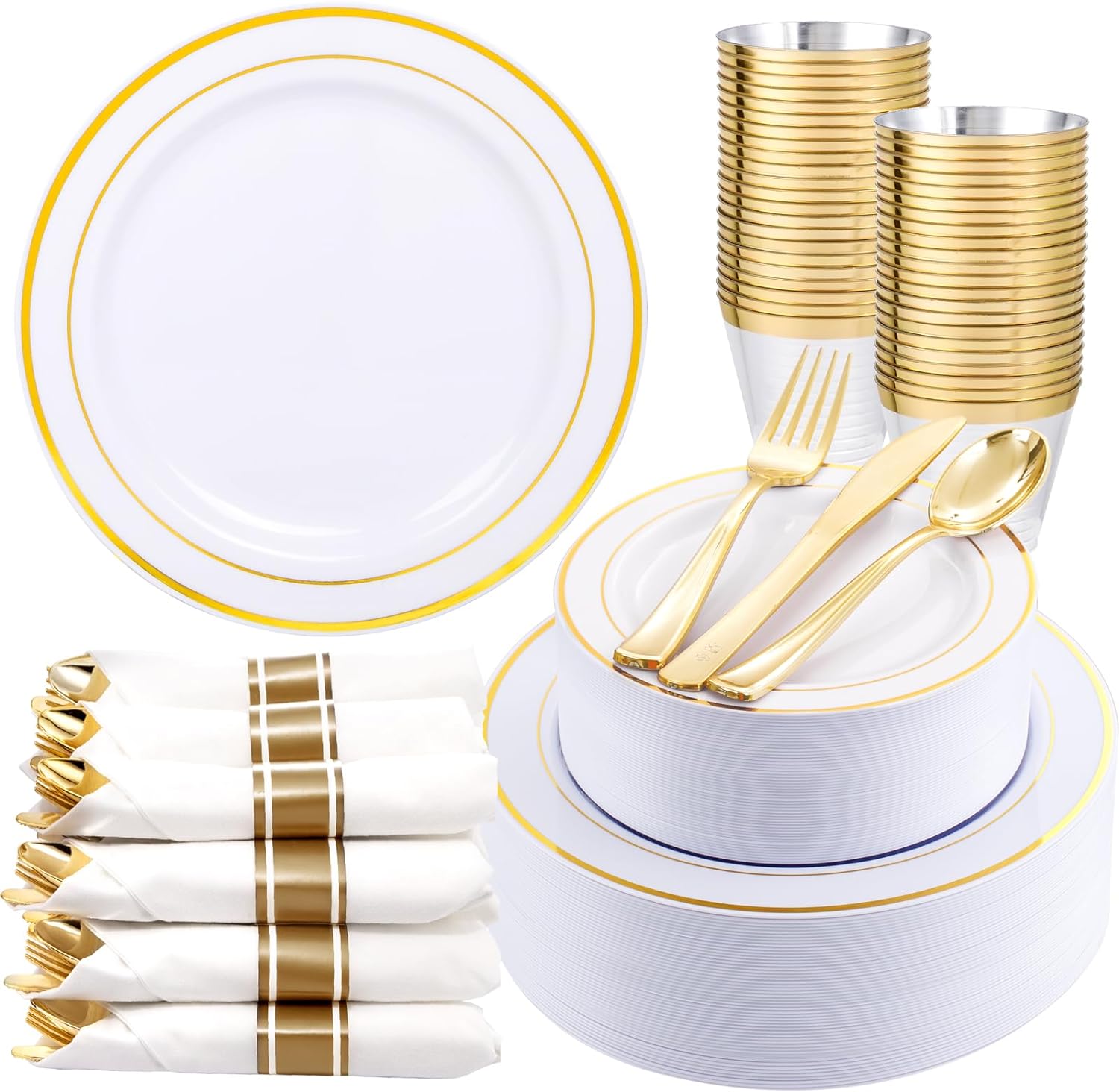 350Piece Gold Plastic Dinnerware Set for 50 Guests - Gold Plastic Plates with Di...