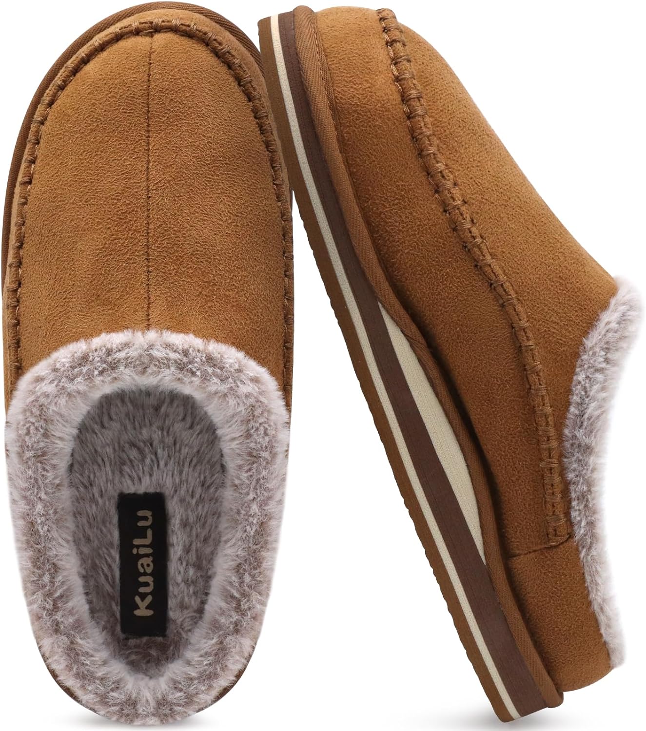 KuaiLu Mens Momery Foam Clog Slippers Comfy Handmade Stitch Microsuede Slip-on H...