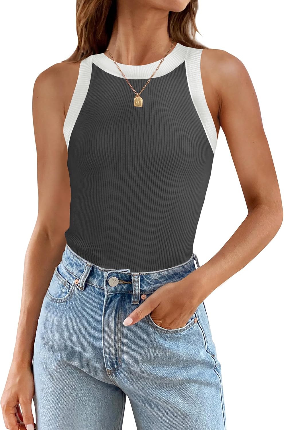 ZESICA Womens 2024 Summer Sleeveless Tank Tops Ribbed High Neck Racerback Slim F...