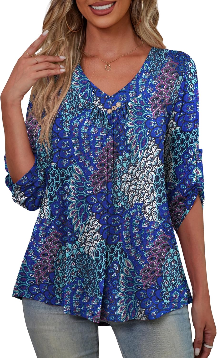 FOLUNSI Womens Plus Size 3/4 Roll Sleeve Blouses V Neck Casual Tunic Tops 17-pea...