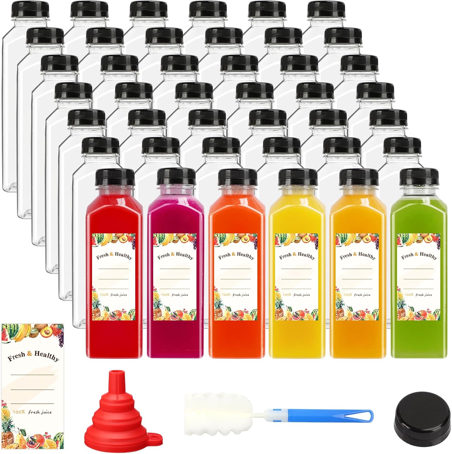 Moretoes 42pcs 16oz Plastic Juice Bottles with Caps, Refrigerator Juice Containe...