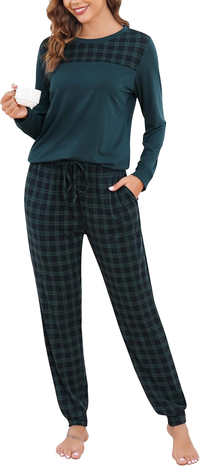 Vlazom Women's Pyjamas Sets V-Neck Soft Long Sleeve Top & Plaid Pant Pjs Set Sle...