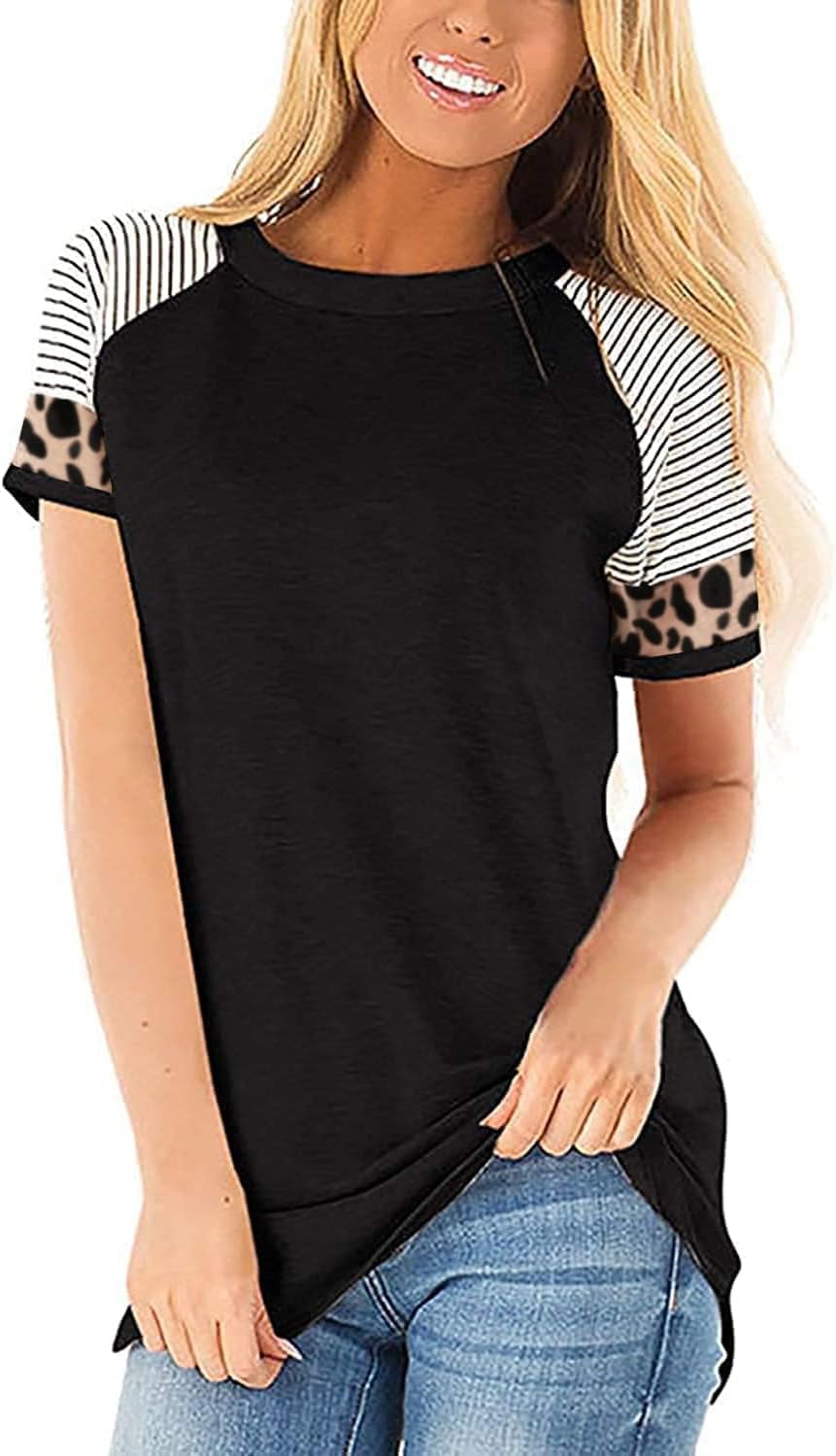 Leopard Print Tops for Women Long Sleeve Crew Neck Patchwork T Shirt Blouse Zs-b...