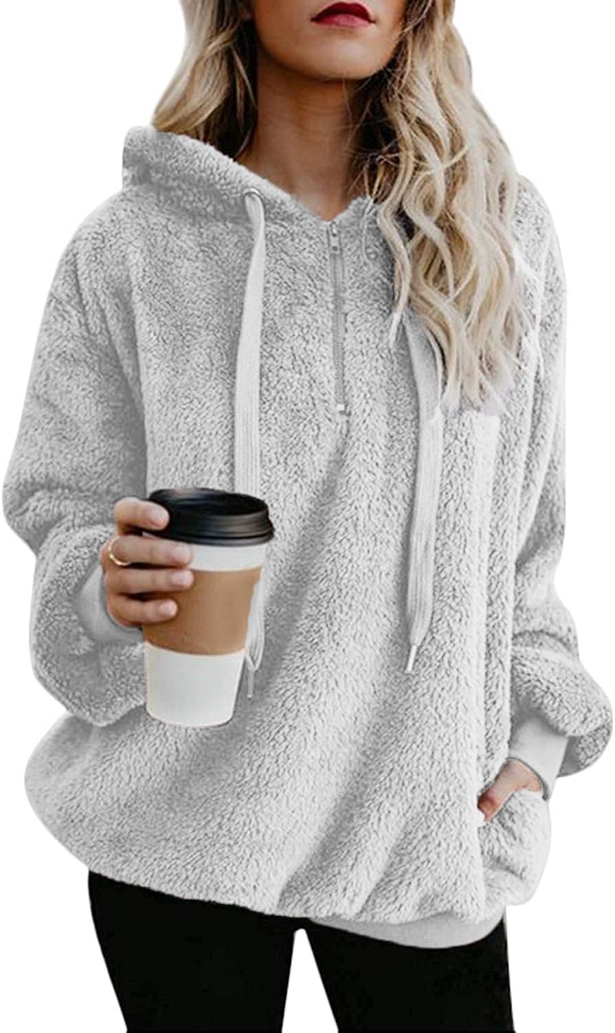 Womens Hoodie Fleece Casual Loose Long Sleeve Coat Winter Oversize Warm Fluffy Z...