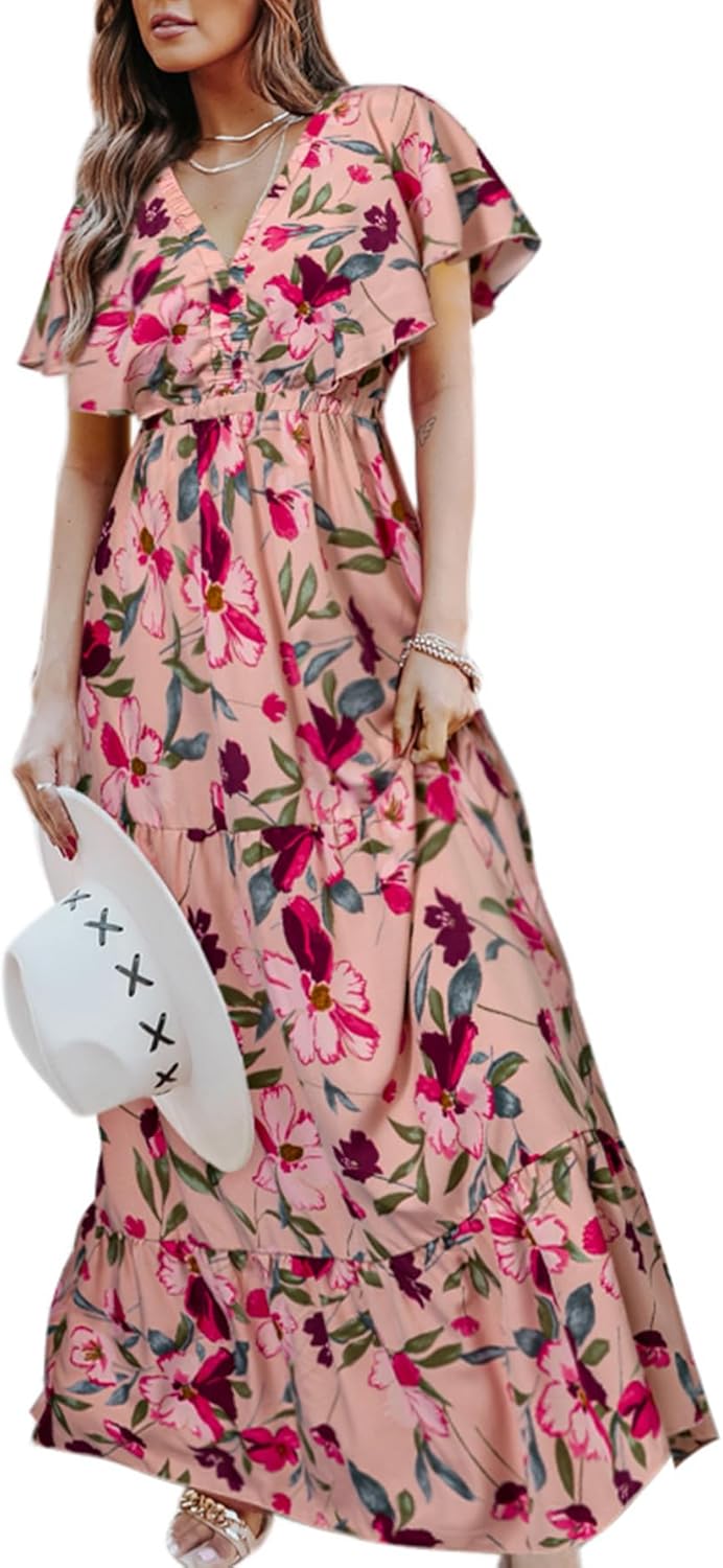 Amegoya Women's Casual Dress, Special Short Sleeve V Neck Floral Maxi Dress, Inn...