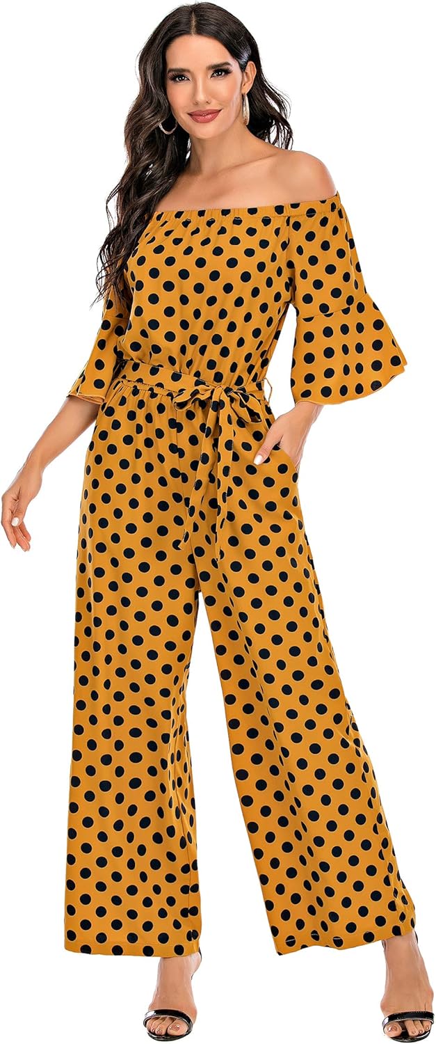 Love Welove Fashion Jumpsuits for Women, Floral Off Shoulder Ruffled Short Sleev...