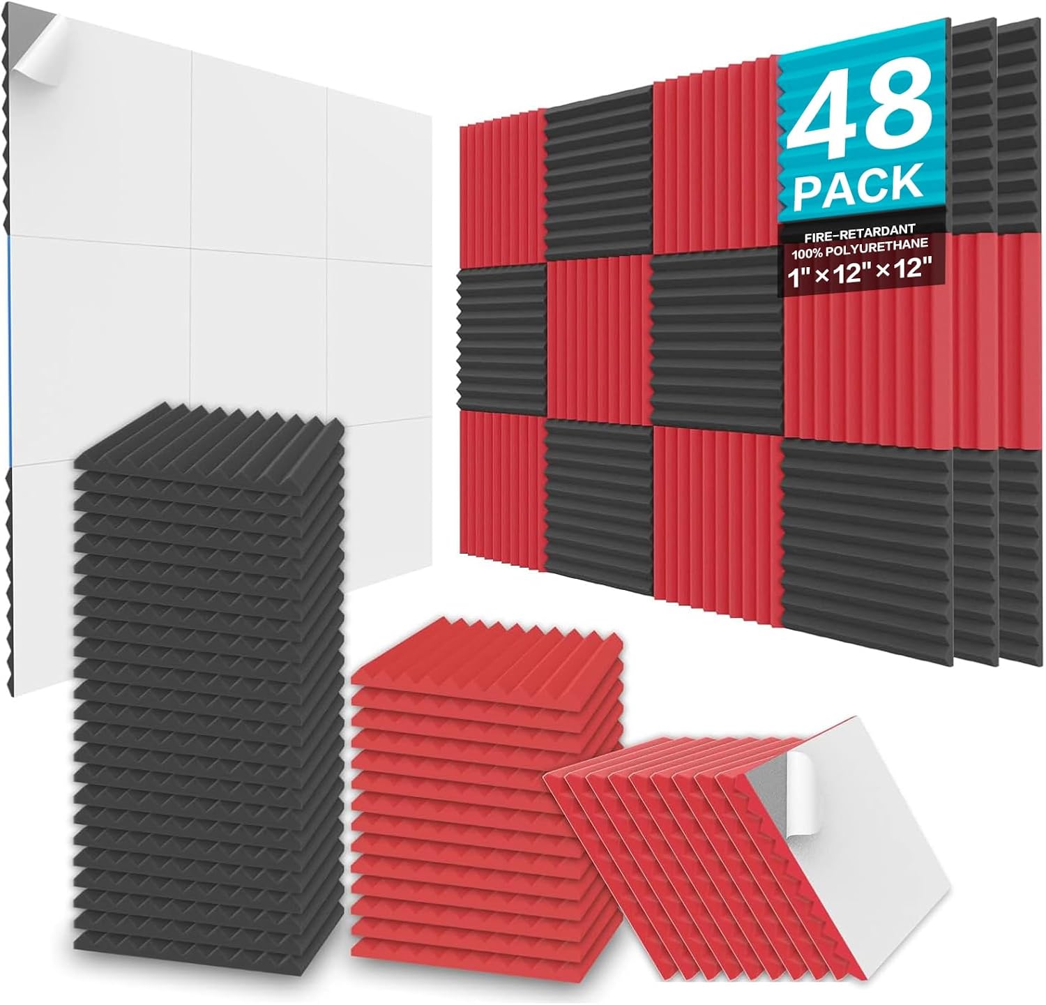 JBER 48 Pack Acoustic Foam Panels, 2.5 X 30 X 30cm/1" X 12" X 12" Studio Soundpr...