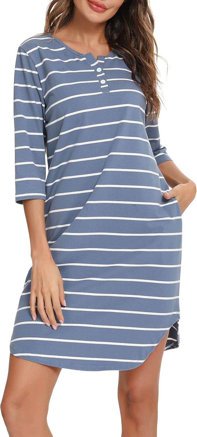 Vlazom Women’s Nightdresses Soft Cotton Nightshirt Stripe 3/4 Sleeve Sleep Dress...