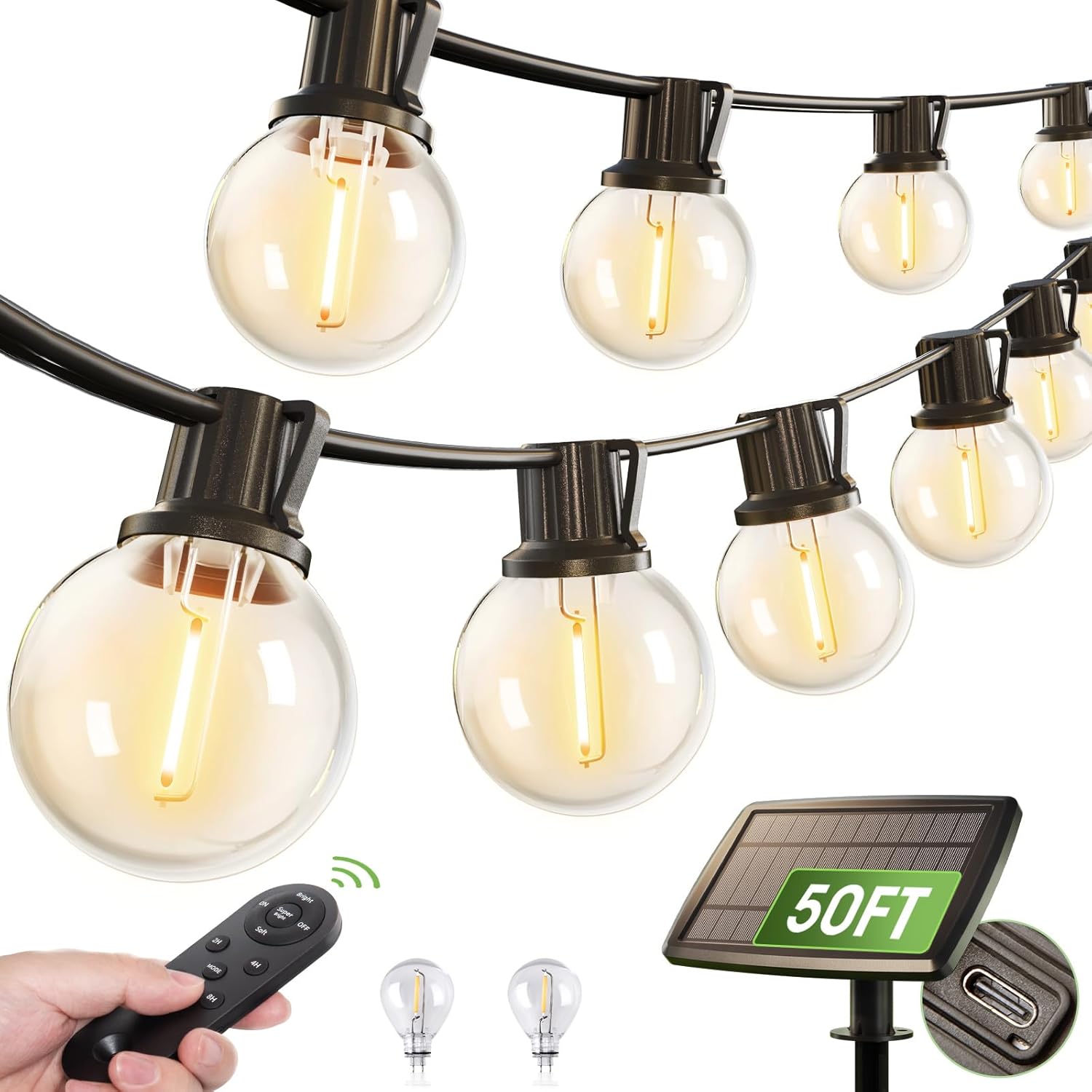 addlon 50FT Solar String Lights Outdoor with Remote, 27 Shatterproof G40 Bulbs,...