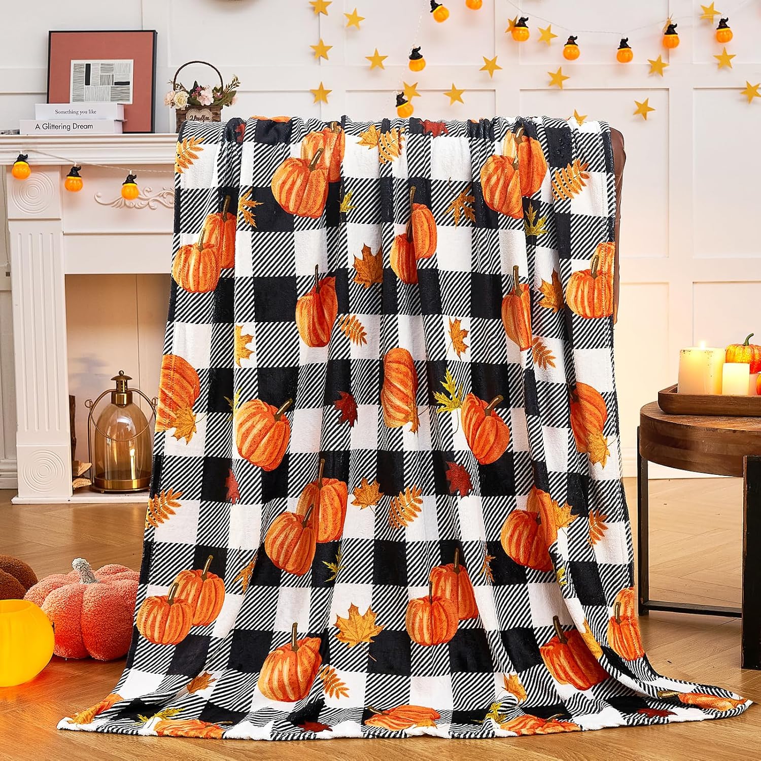 inhand Fall Throw Blanket, Pumpkin Leaf Fall Plaid Throw Blanket for Couch Bed S...