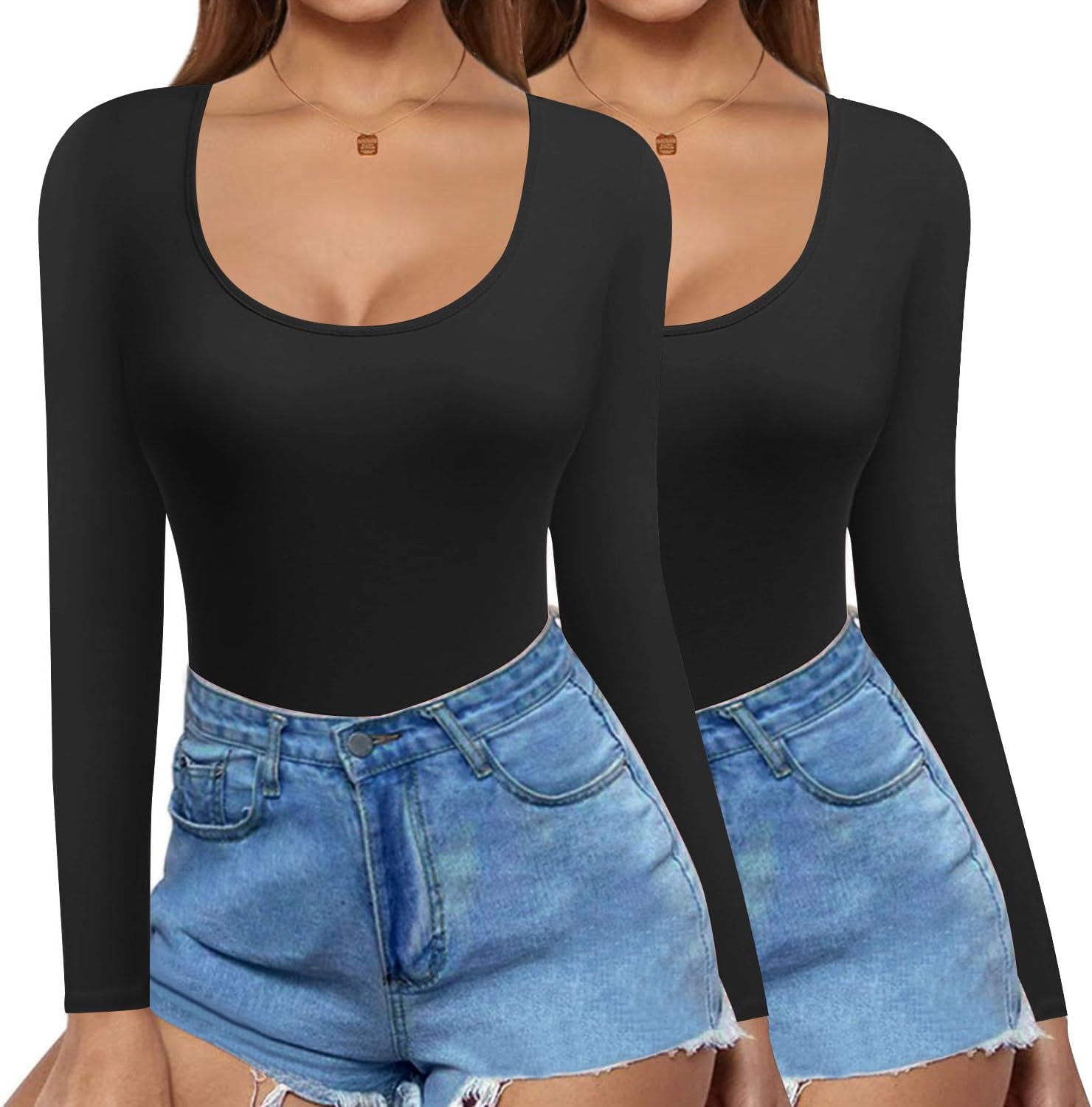 Ekouaer 2 Pack Women's Scoop Neck Tops Long Sleeve Slim Fit T Shirt Thermal Shir...