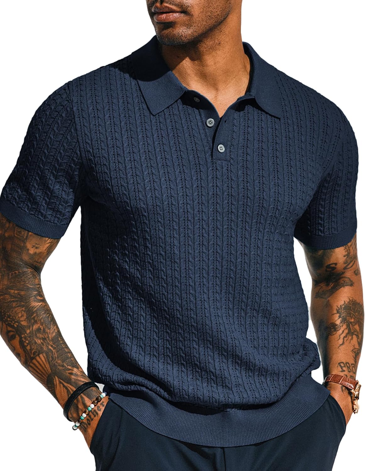 PJ PAUL JONES Mens Knit Polo Shirt Short Sleeve Hollow Out Knit Shirt Texture Kn...