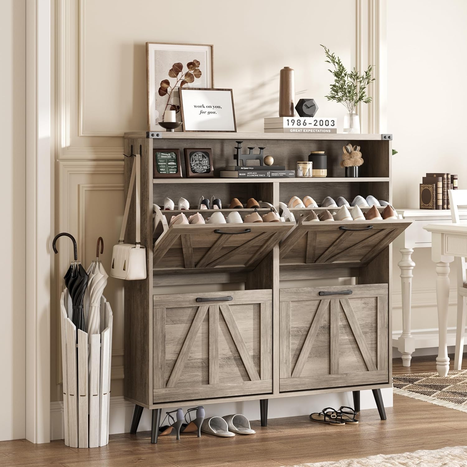 Shoe Cabinet with 4 Flip Drawers, Special Shoe Storage Cabinet for Entryway, Inn...