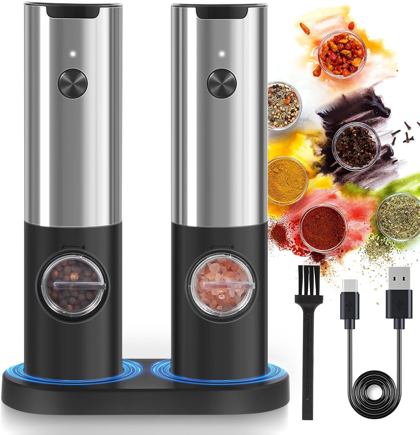 HEMOBAKY Electric Salt and Pepper Grinder Set with Rechargeable Base, Pepper Gri...