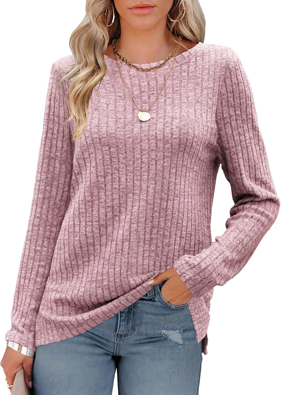Odosalii Womens Tops Casual Striped Sweaters Crewneck Ribbed Long Sleeve Shirts...