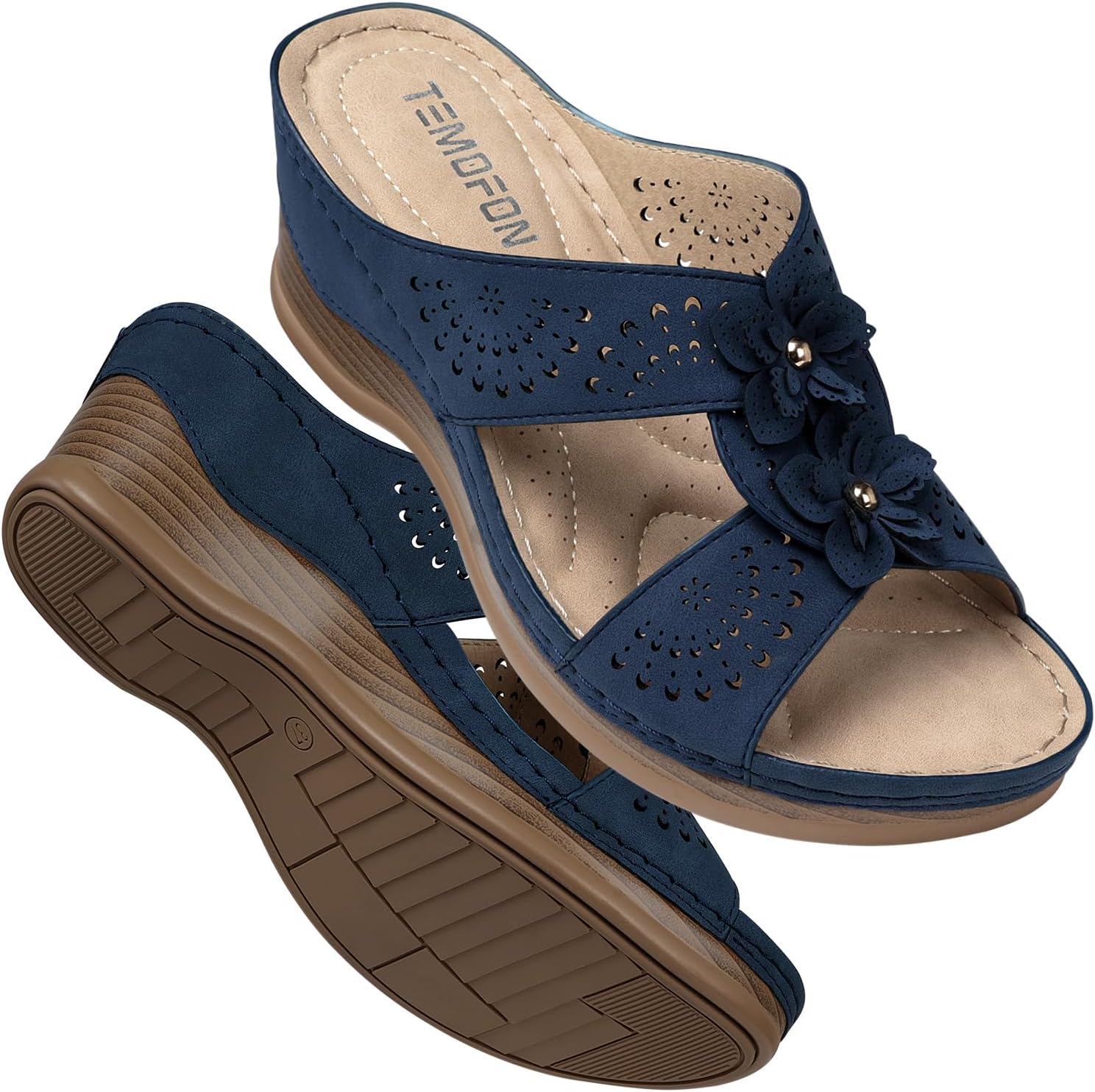 TEMOFON Womens Wedge Sandals Leather: Dressy Sandal, Rubber Sole, Comfortable Wa...